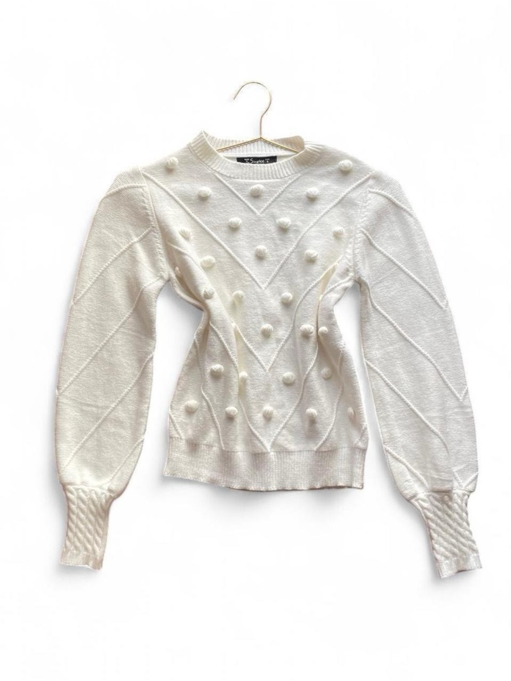 Simplee White Bobble Knit Sweater Puff Sleeve Textured Pullover Size S